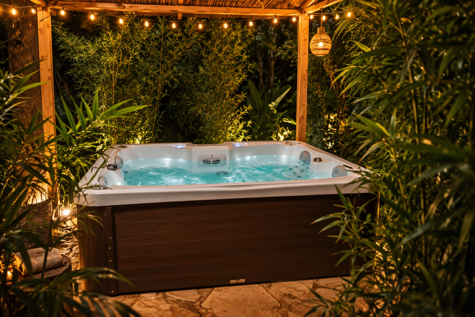 Jacuzzi nestled among lush foliage at Cottage 2, its water lit turquoise beneath hanging lanterns and the warm timber pergola at night