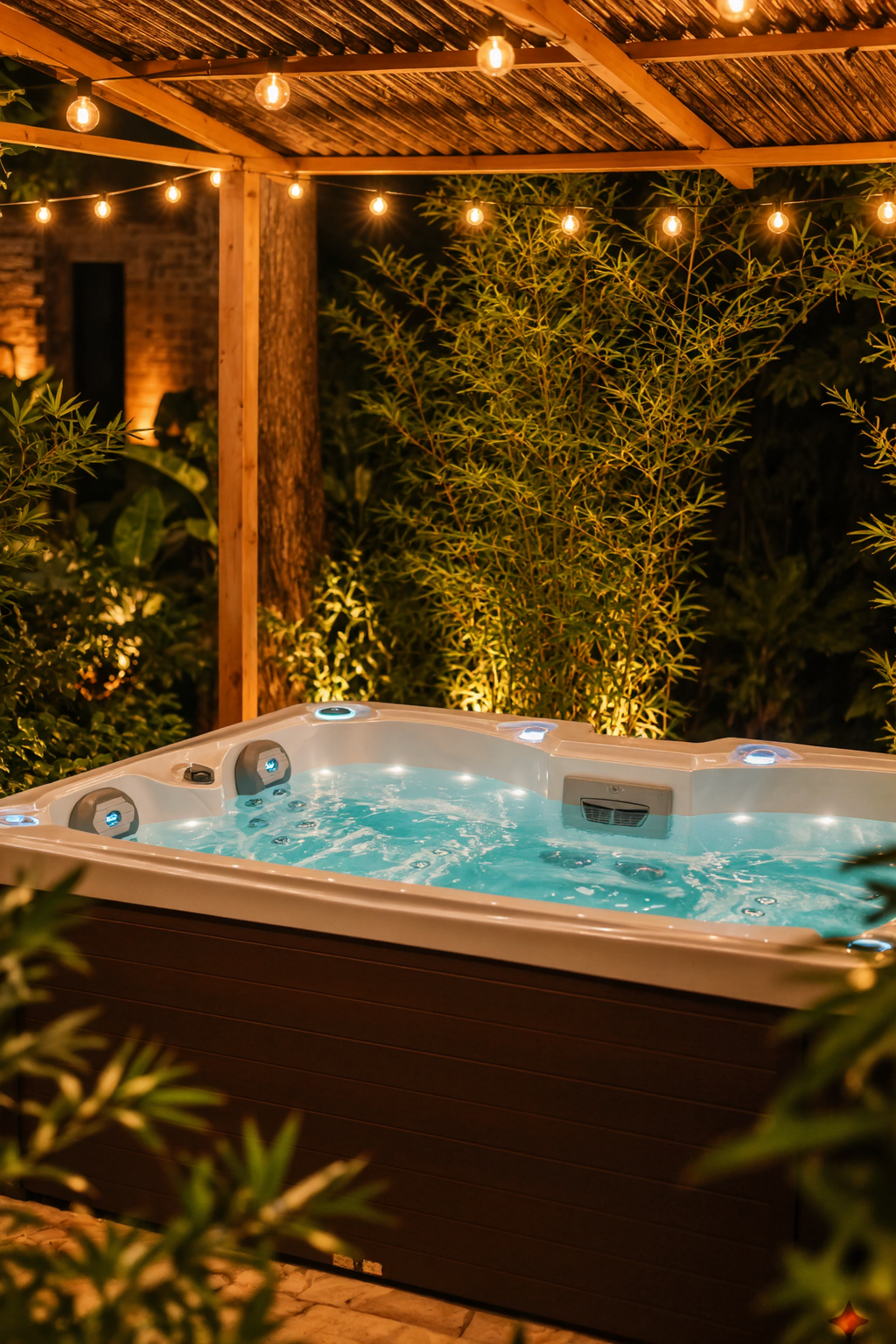 Tall view of the Cottage 2 jacuzzi beneath the pergola's festoon lights, backed by a glowing wall of bamboo and tropical planting