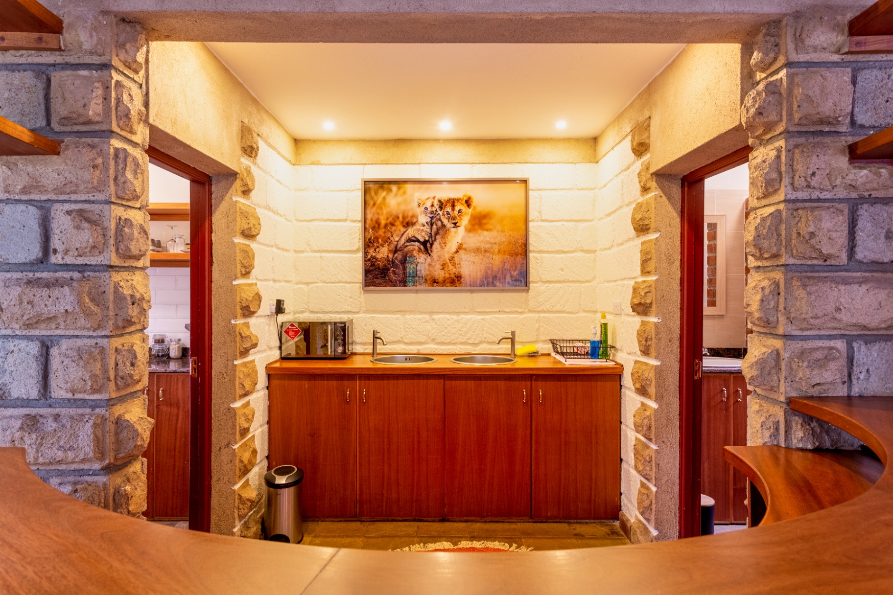 Kitchenette with timber cabinetry, double sink and framed lion cub artwork, viewed between the stone bar pillars