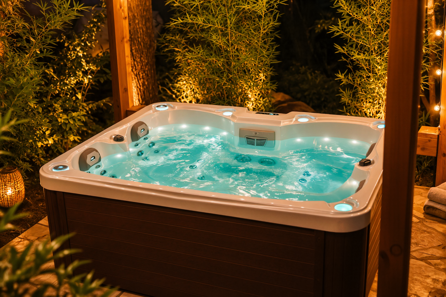 Close view of the bubbling jacuzzi with glowing underwater lights, folded towels on the stone edge and warm garden lanterns behind at Cottage 2