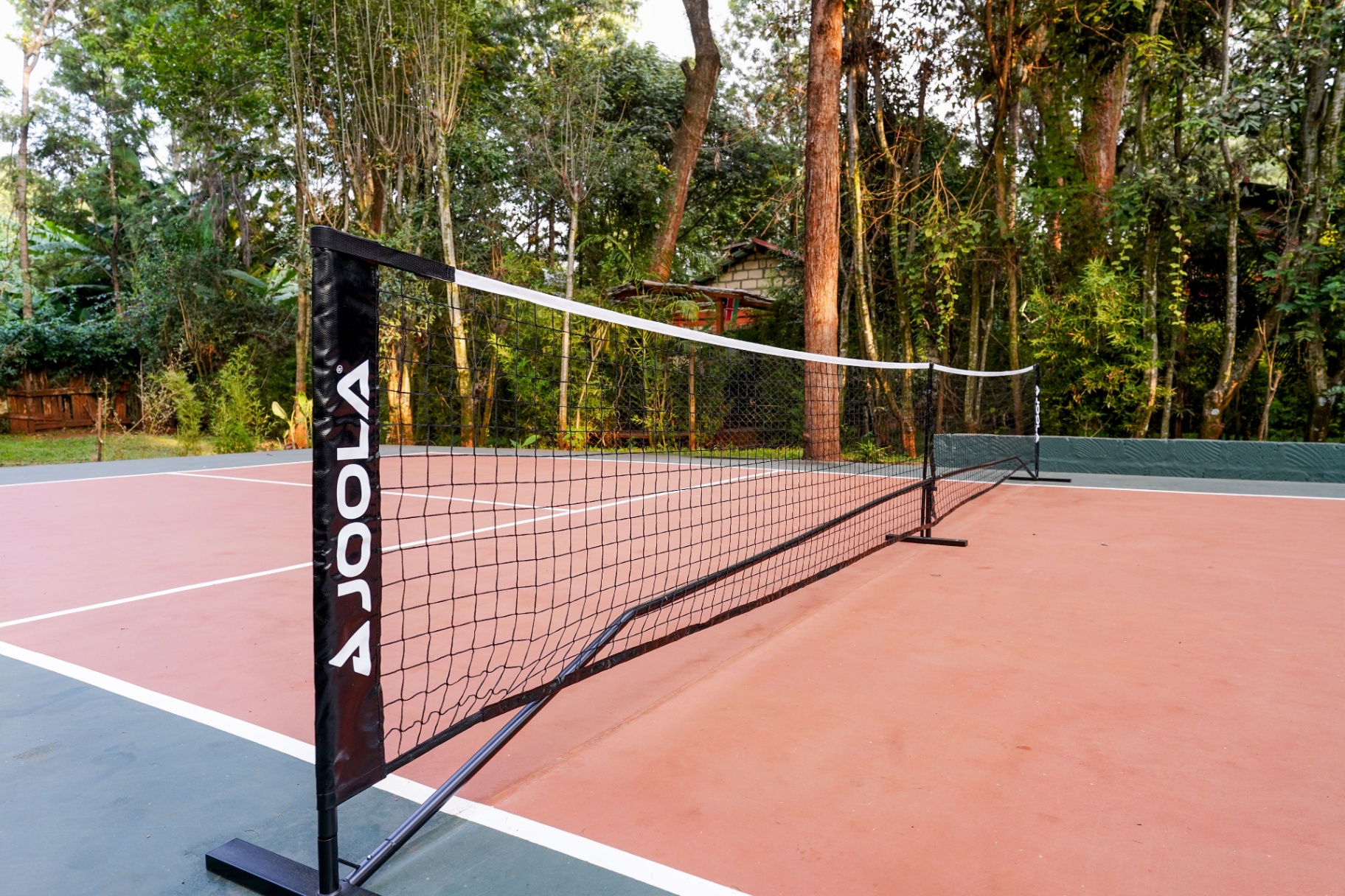 Low-angle view along the JOOLA pickleball net across the terracotta court with dense green forest and a garden cottage in the background